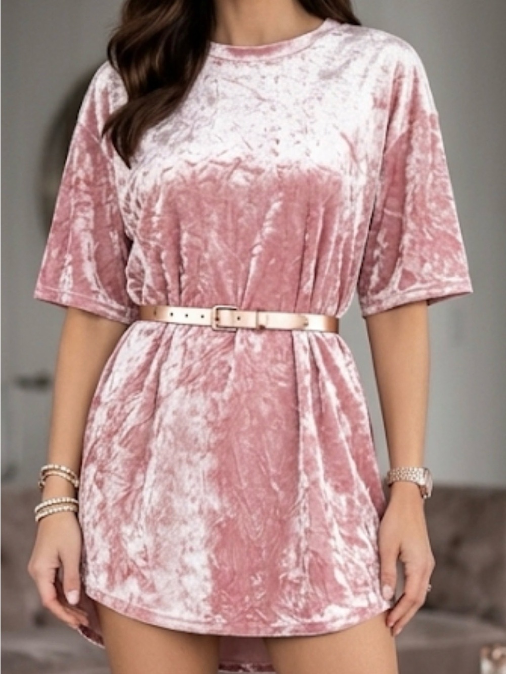Topshop Pink Crushed Velvet Oversized T-Shirt US 12 Crew Neck Short Sleeve